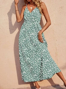 SHEIN VCAY 滿版印花交疊領連衣裙