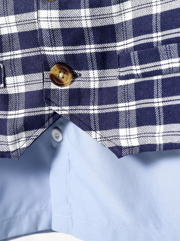 SHEIN Tween Boy Plaid Print Vest Blazer & Solid Shirt & Pants - Blue - View 5