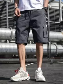 Manfinity Homme Loose Fit Men's Shorts With Side Flap Pockets And Adjustable Drawstring Waist - Dark Grey - View 1