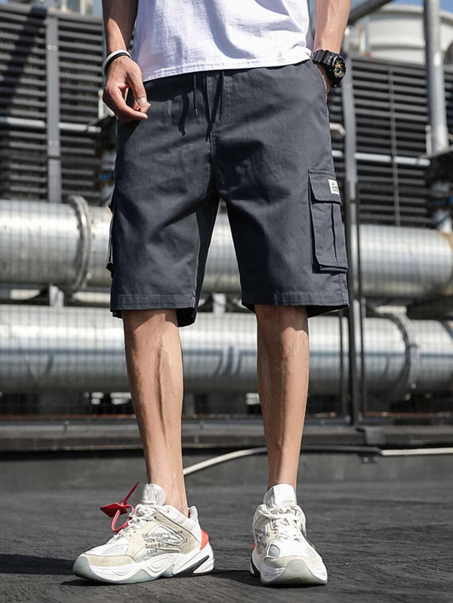 Manfinity Homme Loose Fit Men's Shorts With Side Flap Pockets And Adjustable Drawstring Waist - Dark Grey - View 1