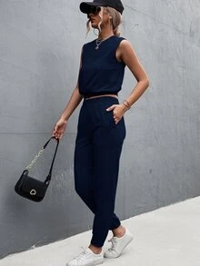 SHEIN LUNE Top tank unicolor con pantalones deportivos - Azul Marino - Ver 3
