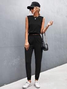 Solid Tank Top & Joggers - Black - View 6