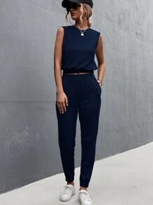 SHEIN LUNE Top tank unicolor con pantalones deportivos - Azul Marino - Ver 4