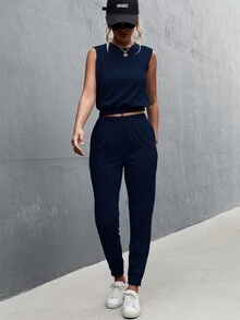 SHEIN LUNE Top tank unicolor con pantalones deportivos - Azul Marino - Ver 6