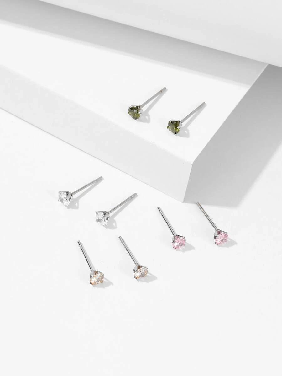 4對水鑽裝飾耳釘 - 銀色 - 查看 1