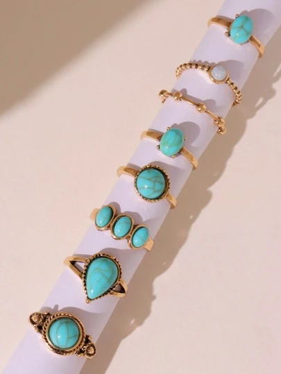 8入組綠松石裝飾戒指