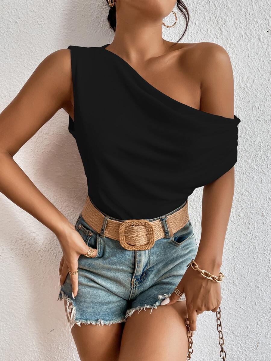 Chiquease Solid Asymmetrical Neck Top - Black - View 1