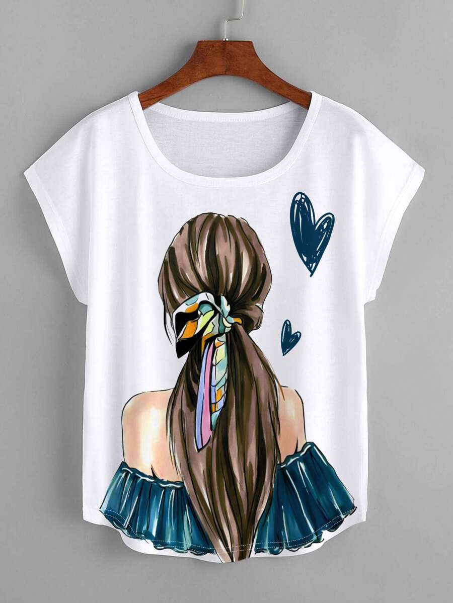 SHEIN LUNE Figure Graphic Batwing Sleeve Tee - White - View 1