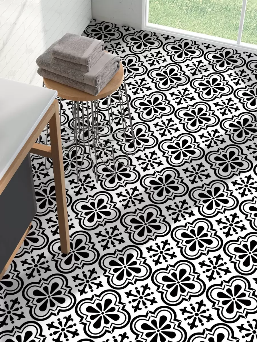 9pcs Colored Printed Anti-Slip Floor Tile Stickers, Self-Adhesive Waterproof Ceramic Tile Stickers For Home Decor, Wall Background, 7.87 X 7.87 Inches, Stickers, Wall Decal, Vinyl Decal For Home Decorations, Spring Decoration Items Refresh Your Home, Rama Decoration Stickers Floor Tiles Flooring Floor Tiles Self Adhesive Floor Tiles Peel Stick Living Room Decor Room Decor Kitchen - Black and White - View 1