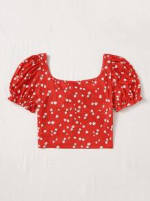 Soleia Puff Sleeve Tie Front Ditsy Floral Top - Red - View 2