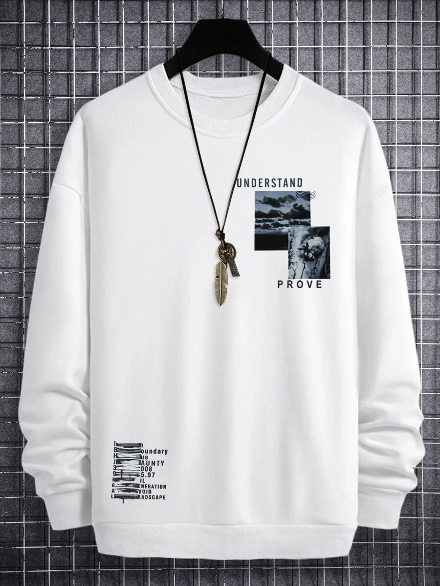 Manfinity 男士字母圖案落肩袖運動衫 - 白色 - 查看 1