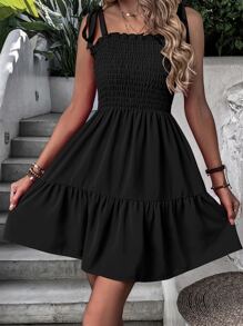Breezaya Vestido de tirantes de hombros con cordón con fruncido bajo con fruncido - Negro - Ver 4