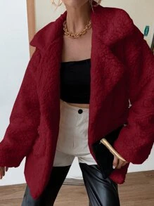 SHEIN Unity Drop Shoulder Pocket Patched Fleece Coat - Burgundy - View 1