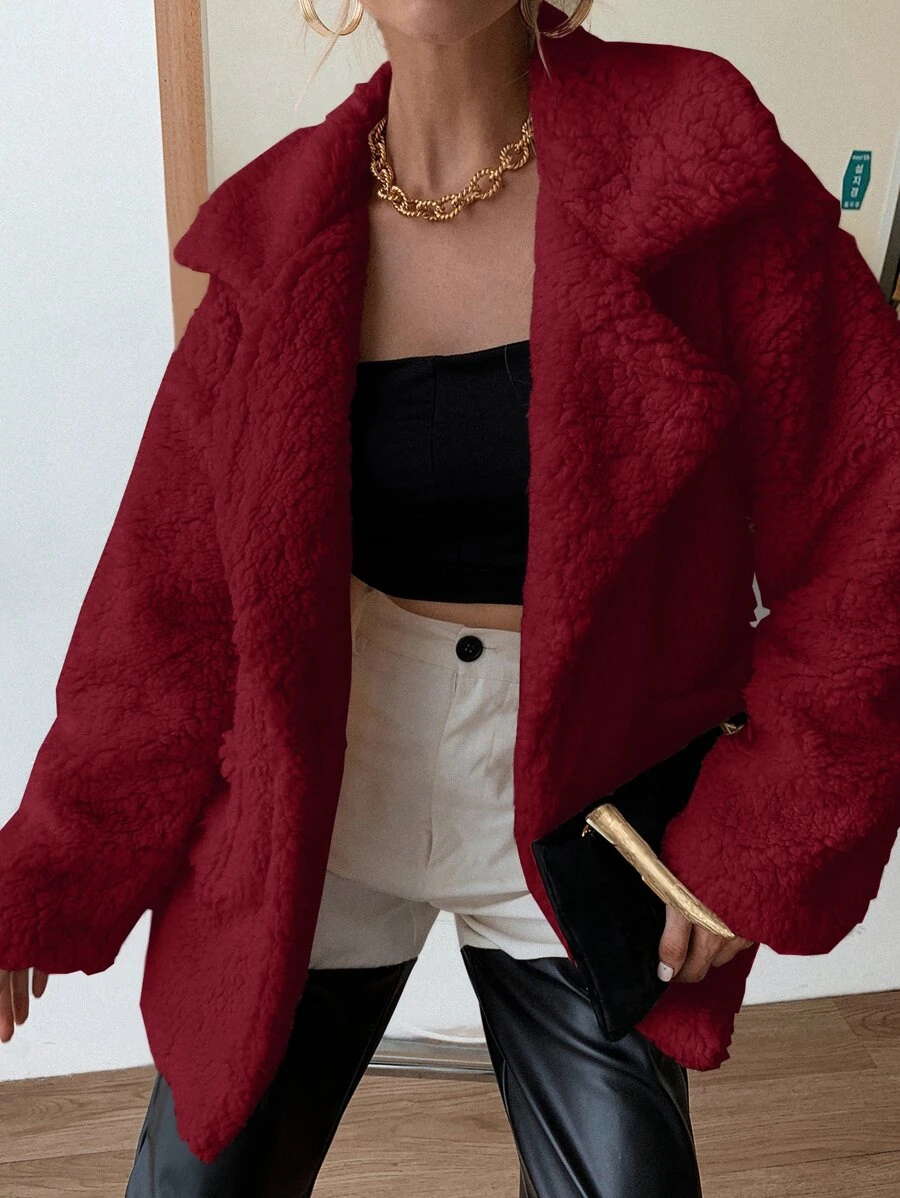 SHEIN Unity Drop Shoulder Pocket Patched Fleece Coat - Burgundy - View 1