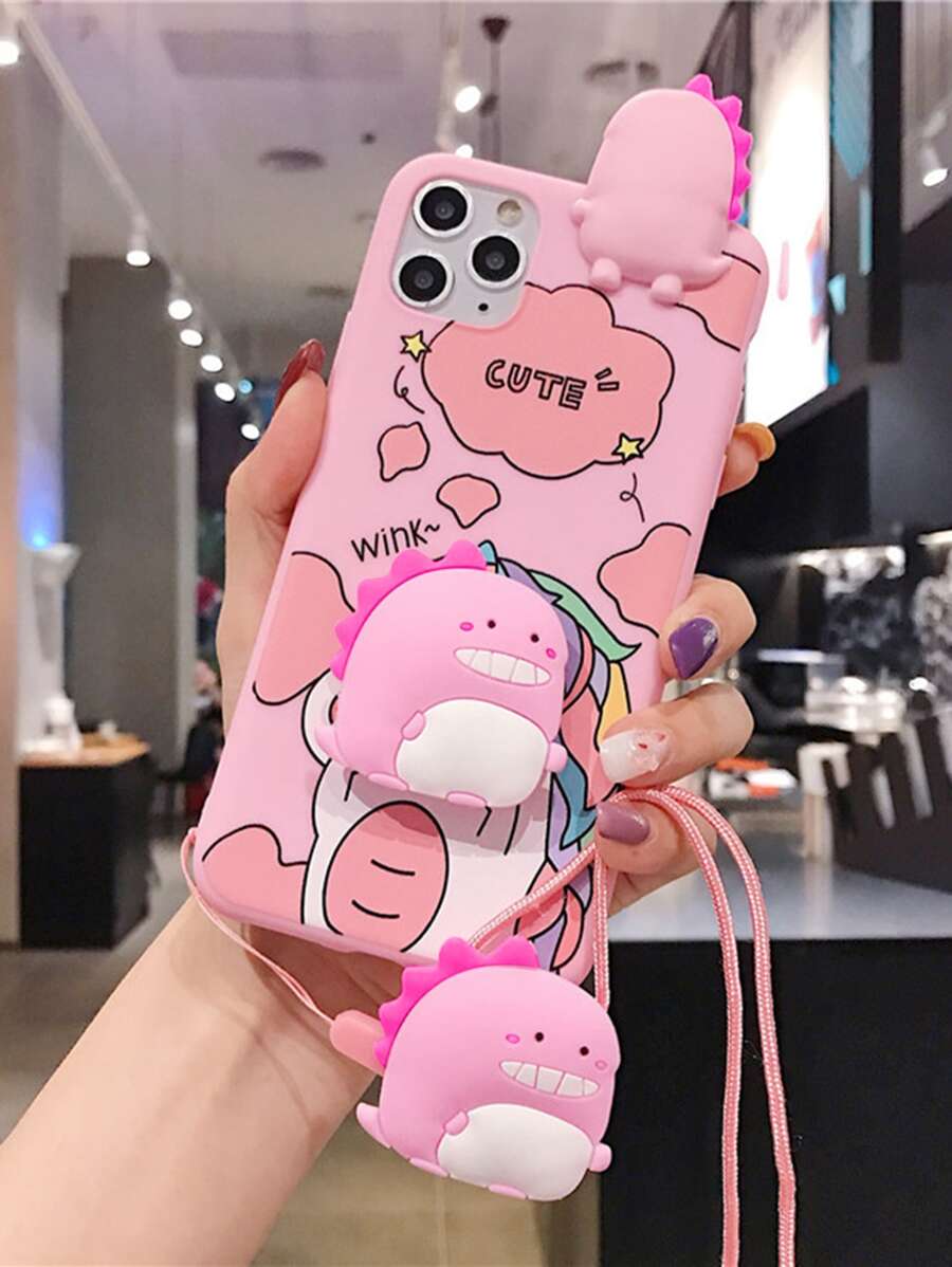 3d Dinosaur Shaped Phone Case With Stand And Lanyard, Compatible With Iphone15 Promax, Compatible With Samsung S23, Full Coverage Soft Shell,International Version, Not The Domestic Version - Baby Pink - View 1