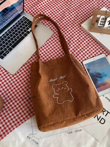 حقيبة كتف من القطيفة الكاجوال، حقيبة تسوق كبيرة مزينة بشارة، حقيبة تسوق قابلة لإعادة الاستخدام خفيفة الوزن، حقيبة كتف كرتونية لحمل الأعمال الكاجوال للدببة للمراهقات والنساء وطلاب الكلية، مثالية للمكتب والكلية والعمل والأعمال والتنقل، حقيبة كتف للمدرسة