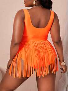 Plus Size Fringe Hem Swim Dress Summer Beach - Orange - View 2