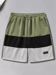 Manfinity Homme Hombres Shorts de color combinado con diseño de parche de letra de cintura con cordón - Multicolor - Ver 1