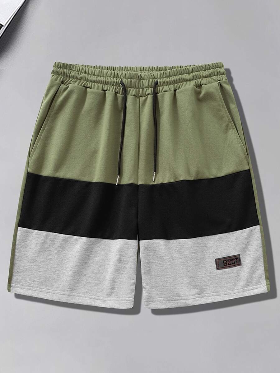 Manfinity Homme Hombres Shorts de color combinado con diseño de parche de letra de cintura con cordón - Multicolor - Ver 1