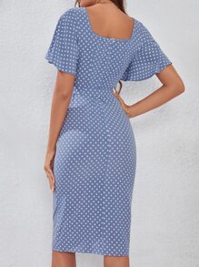 Breezaya Polka Dot Butterfly Sleeve Fake Button Split Thigh Belted Dress - Dusty Blue - View 2