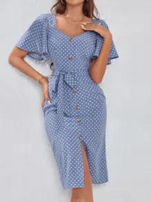 Breezaya Polka Dot Butterfly Sleeve Fake Button Split Thigh Belted Dress - Dusty Blue - View 3
