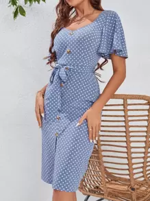 Breezaya Polka Dot Butterfly Sleeve Fake Button Split Thigh Belted Dress - Dusty Blue - View 5