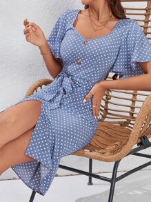 Breezaya Polka Dot Butterfly Sleeve Fake Button Split Thigh Belted Dress - Dusty Blue - View 6