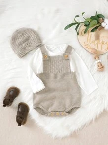 Baby Girl Textured Knit Bodysuit & Hat Without Tee - Khaki - View 1