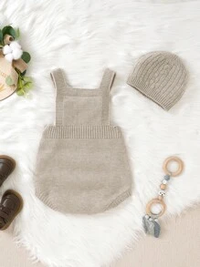 Baby Girl Textured Knit Bodysuit & Hat Without Tee - Khaki - View 2