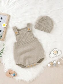 Baby Girl Textured Knit Bodysuit & Hat Without Tee - Khaki - View 3