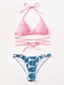 夏季热带印花十字交叉荷叶边吊带比基尼 - 彩色 - 查看 1