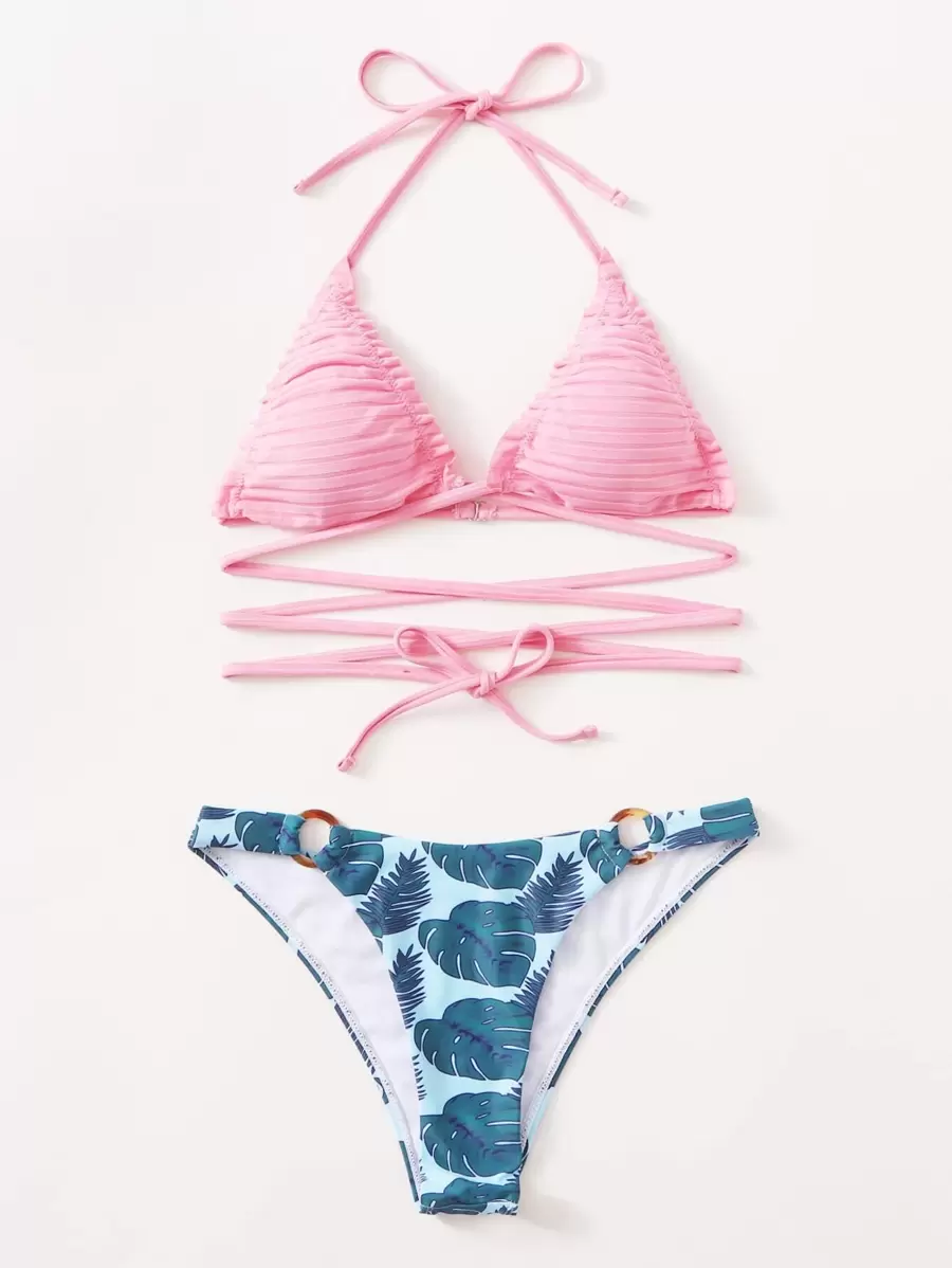 夏季热带印花十字交叉荷叶边吊带比基尼 - 彩色 - 查看 1
