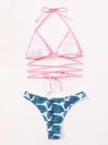 夏季热带印花十字交叉荷叶边吊带比基尼 - 彩色 - 查看 2