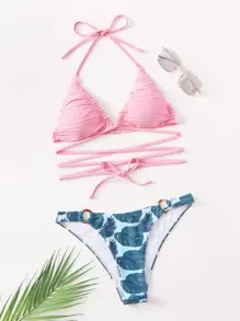 夏季热带印花十字交叉荷叶边吊带比基尼 - 彩色 - 查看 3