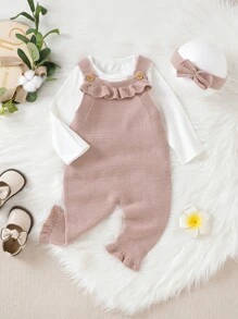 Mono De Punto Con Ribete De Volantes Para Bebé Niña Y Banda Para La Cabeza Sin Camiseta - Rosa vieja - Ver 1