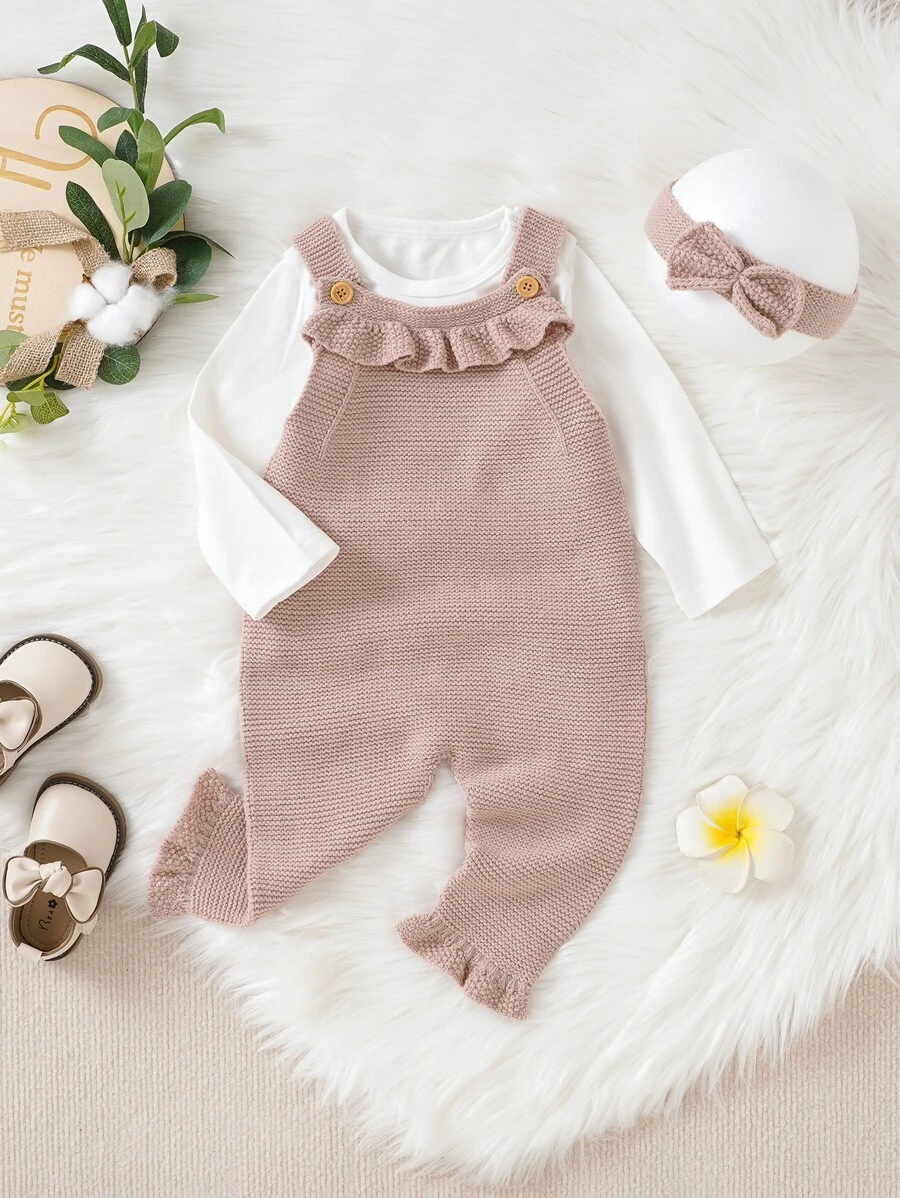 Mono De Punto Con Ribete De Volantes Para Bebé Niña Y Banda Para La Cabeza Sin Camiseta - Rosa vieja - Ver 1