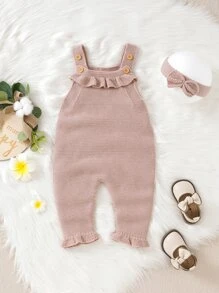 Mono De Punto Con Ribete De Volantes Para Bebé Niña Y Banda Para La Cabeza Sin Camiseta - Rosa vieja - Ver 3