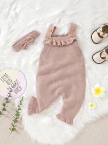 Mono De Punto Con Ribete De Volantes Para Bebé Niña Y Banda Para La Cabeza Sin Camiseta - Rosa vieja - Ver 5