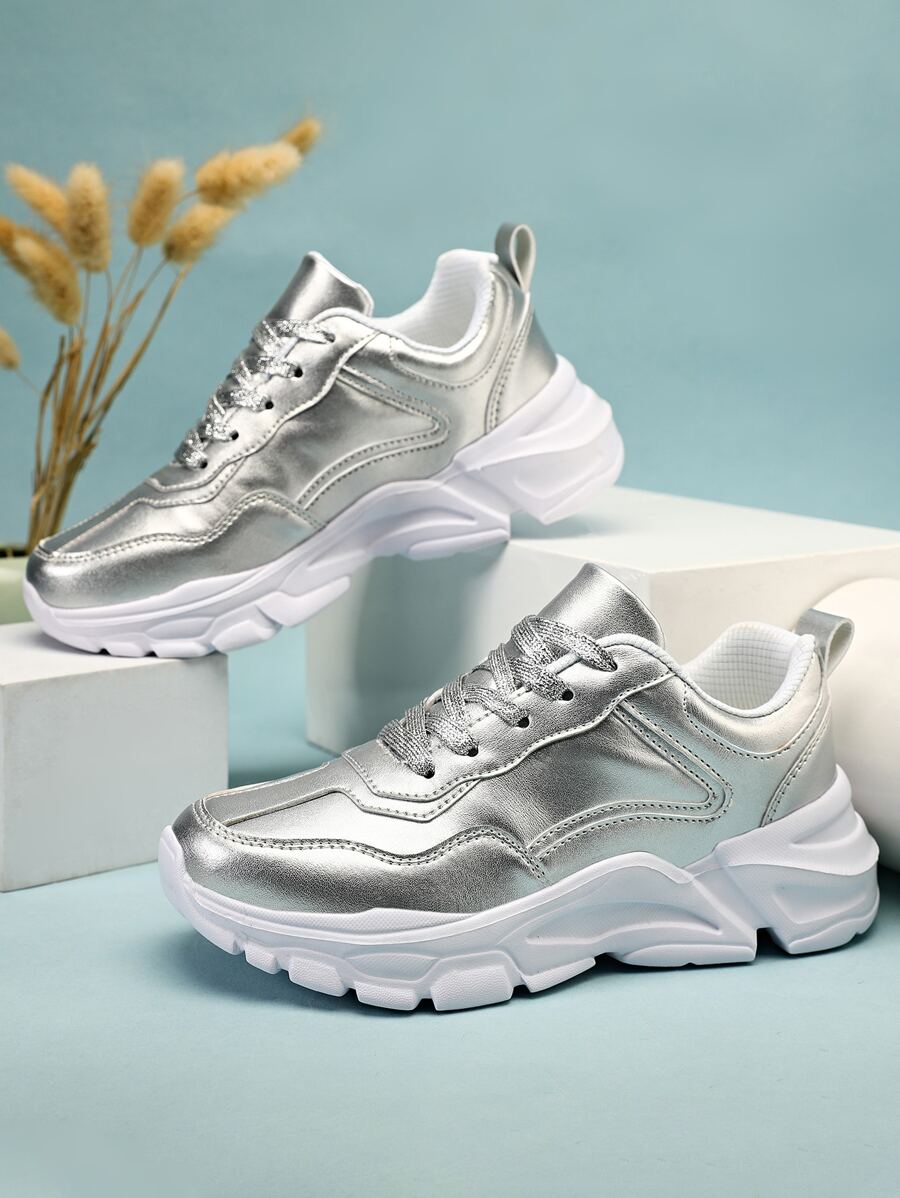 女士金屬質感前綁帶運動鞋魅力四射銀老爹鞋 - 銀色 - 查看 1