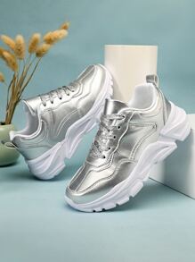 女士金屬質感前綁帶運動鞋魅力四射銀老爹鞋 - 銀色 - 查看 3