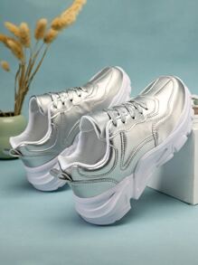 女士金屬質感前綁帶運動鞋魅力四射銀老爹鞋 - 銀色 - 查看 4