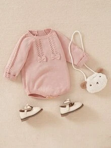 Bebé Body con lazo delantero de manga raglán de punto de malla - Rosa - Ver 3