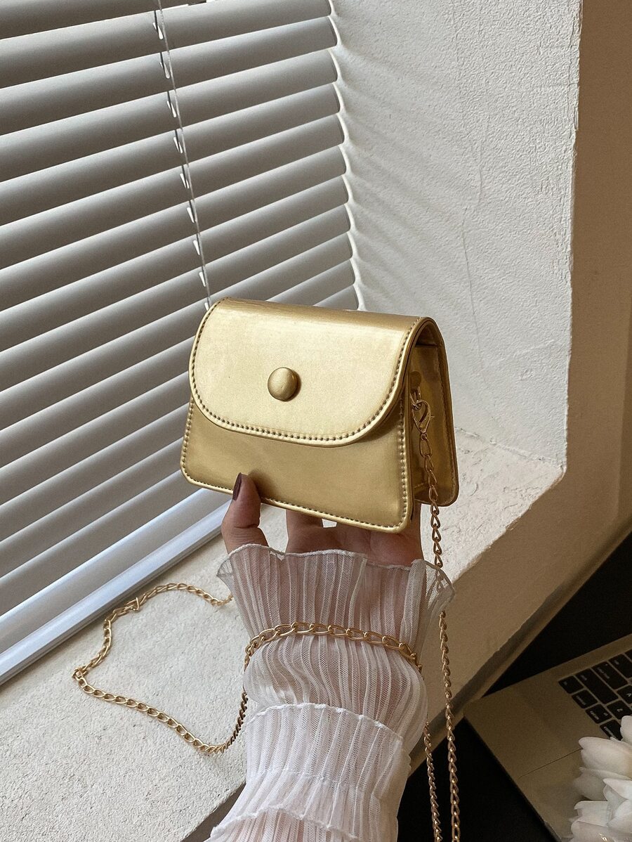 迷你金屬質感鏈條翻蓋方包 - 金色 - 查看 1