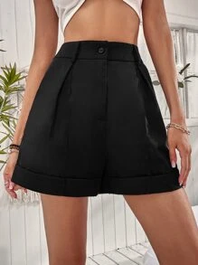 Plicated Detail Wide Leg Shorts - Black - View 5