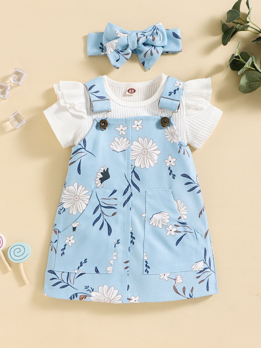 Baby Solid Rib Knit Bodysuit & Floral Print Pinafore Dress With Headband - Blue and White - View 1
