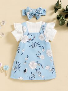 Baby Solid Rib Knit Bodysuit & Floral Print Pinafore Dress With Headband - Blue and White - View 2
