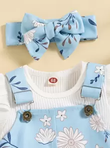 Baby Solid Rib Knit Bodysuit & Floral Print Pinafore Dress With Headband - Blue and White - View 4