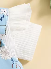 Baby Solid Rib Knit Bodysuit & Floral Print Pinafore Dress With Headband - Blue and White - View 6