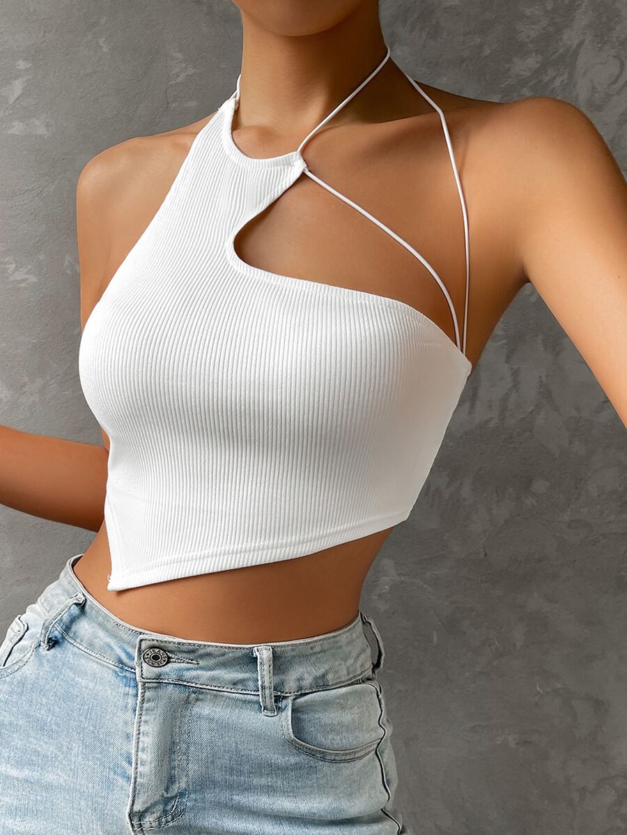 SHEIN ICON Asymmetrical Hem Halter Top - White - View 1