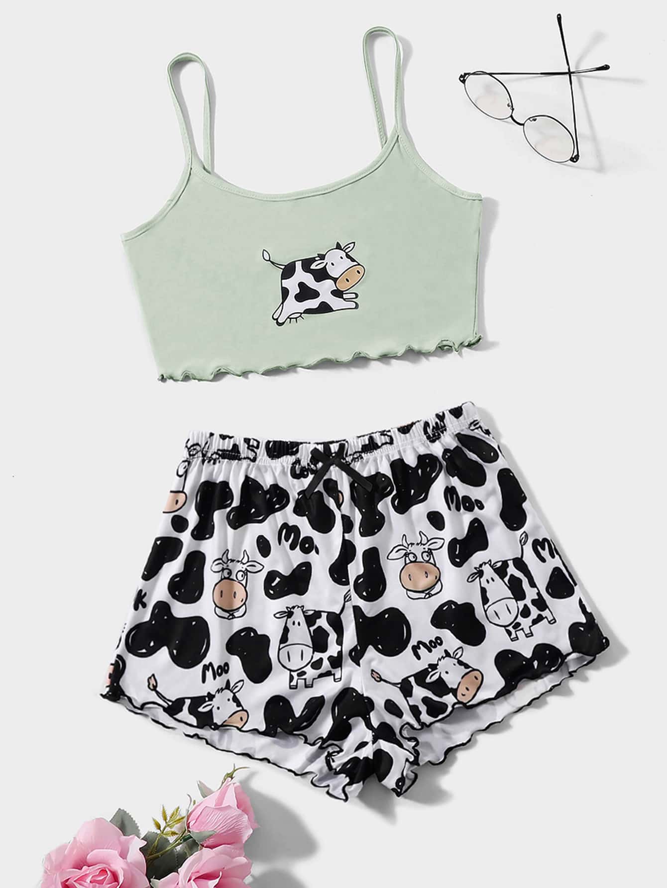 Plus Cow Print Lettuce Trim Cami PJ Set - Multicolor - View 1
